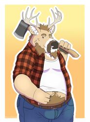  2020 absurd_res anthro antlers axe belly bottomwear brown_body brown_fur bulge clothing deer felling_axe fur harushipanda hi_res horn male mammal melee_weapon overweight overweight_anthro overweight_male pants plaid shirt simple_background solo topwear weapon 