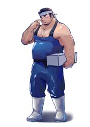  1boy absurdres arange_(youhei79384157) arm_hair averting_eyes bara belly blue_overalls blush borrowed_character carrying carrying_under_arm chest_hair chugo_tsubai_(suv) city_boy_on_the_island_(suv) facial_hair finger_to_face fisherman full_body goatee hand_up headband highres large_pectorals long_sideburns male_focus muscular muscular_male mustache_stubble overalls pectoral_cleavage pectorals plump short_hair shy sideburns solo standing stubble white_headband 