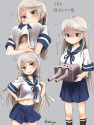  akino_shuu black_socks blonde_hair blue_sailor_collar blue_skirt blush breasts brown_eyes closed_mouth commentary_request conte_di_cavour_(kancolle) cosplay empty_eyes female grey_background kantai_collection kneehighs large_breasts long_hair multiple_views navel open_mouth pleated_skirt sailor_collar school_uniform serafuku short_sleeves simple_background skirt socks translation_request twitter_username ushio_(kancolle) ushio_(kancolle)_(cosplay) 