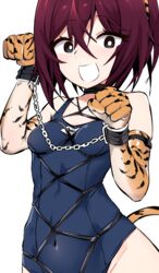  :d absurdres animal_ears animal_hands animal_print black_eyes blue_one-piece_swimsuit bob_cut bondage bondage bondage bound breasts bright_pupils brown_hair commentary covered_navel cuffs elbow_gloves fake_animal_ears fake_tail female gloves highres kinbakuman m-chan_(kinbakuman) old_school_swimsuit one-piece_swimsuit original paw_gloves paw_pose print_gloves school_swimsuit shackles shibari_over_clothes short_hair simple_background small_breasts smile solo swimsuit tail tiger_ears tiger_print tiger_tail white_background white_mouth white_pupils 