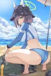  absurdres ass bag barefoot beach bikini black_hair blue_archive blue_bikini blush breasts bucket_hat cropped_jacket female halo hat highres jacket large_breasts looking_at_viewer multicolored_clothes ocean official_alternate_costume open_mouth outdoors purple_hair raglan_sleeves rash_guard saki_(blue_archive) saki_(swimsuit)_(blue_archive) short_hair soar_sora222 soles solo squatting swimsuit tiptoes 