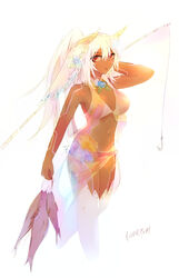  absurdres azur_lane bikini bodypaint breasts cleavage dark-skinned_female dark_skin female fish fishing_rod hair_between_eyes highres long_hair minneapolis_(azur_lane) minneapolis_(trapper_white)_(azur_lane) official_alternate_costume ponytail red_eyes rideth_mochi see-through simple_background solo swimsuit tan thighhighs very_long_hair white_bikini white_hair white_thighhighs 