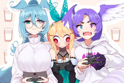  3girls :3 black_gloves black_nails blonde_hair blue_eyes blue_hair blue_nails blue_wings breast_envy breasts commentary controller dragon_girl dragon_tail elbow_gloves elira_pendora elira_pendora_(3rd_costume) emoji fangs flower flushed_face_emoji game_controller girl_sandwich glasses gloves green_ribbons hair_flower hair_ornament hair_ribbon hairclip head_wings heterochromia high-waist_skirt highres hood hoodie large_breasts long_hair long_sleeves looking_at_breasts looking_at_viewer multicolored_hair multiple_girls nijisanji nijisanji_en open_mouth playing_games pointy_ears pomu_rainpuff pomu_rainpuff_(1st_costume) purple_eyes purple_hair purple_wings red_eyes ribbon ricegnat sandwiched selen_tatsuki selen_tatsuki_(3rd_costume) siblings sisters skirt smile symbol-only_commentary tail virtual_youtuber wall-eyed white_hair white_hoodie wide-eyed wings 