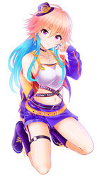  absurdres arm_behind_back blue_hair boots brown_hair choker closed_mouth collarbone commentary_request crop_top cross-laced_footwear earrings eva_16-gouki female full_body hair_between_eyes hat head_tilt highres idolmaster idolmaster_cinderella_girls jewelry knee_boots lace-up_boots long_hair looking_at_viewer midriff mini_hat multicolored_hair navel necklace ninomiya_asuka photoshop_(medium) purple_eyes purple_footwear purple_hat purple_shorts ring short_shorts shorts simple_background sitting smile solo stomach two-tone_hair very_long_hair white_background 