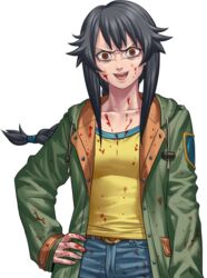  arm_at_side belt black_hair blood blood_on_clothes blood_on_face blood_on_hands braid breasts brown_eyes buttons cowboy_shot drawstring female fingernails furrowed_brow hair_tie hand_on_own_hip hood hood_down kagelow long_hair long_sleeves looking_at_viewer official_art open_mouth pants raging_loop serizawa_chiemi sidelocks single_braid smile solo spoilers tachi-e teeth third-party_source transparent_background upper_teeth_only variant_set 