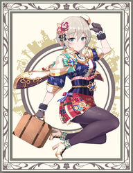  absurdres anastasia_(idolmaster) black_gloves black_pantyhose blue_eyes blush boots closed_mouth female full_body gloves grey_hair hair_ornament hat high_heel_boots high_heels highres holding holding_suitcase idolmaster idolmaster_cinderella_girls idolmaster_cinderella_girls_starlight_stage japanese_clothes korean_commentary looking_at_viewer mini_hat mini_top_hat pantyhose short_hair shouwa silhouette smile solo suitcase sylph_kim taishou thumbs_up top_hat 