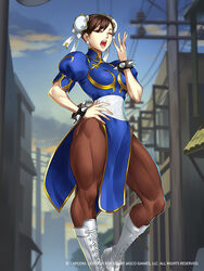  blue_dress blue_sky boots bracelet brown_eyes brown_hair brown_pantyhose bun_cover china_dress chinese_clothes chun-li commentary company_name cross-laced_footwear double_bun dress earrings english_commentary female hair_bun hand_on_own_hip jewelry kriss_sison looking_at_viewer muscular muscular_female one_eye_closed open_mouth outdoors pantyhose pelvic_curtain power_lines puffy_short_sleeves puffy_sleeves short_sleeves sky solo spiked_bracelet spikes standing street_fighter utility_pole white_footwear yawning 