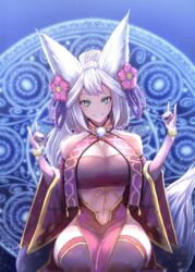  alternate_costume animal_ears bandeau blue_background bracelet breasts brooch cleavage curvy detached_sleeves double_fox_shadow_puppet erune female flower fox_ears fox_shadow_puppet fox_tail gollizo granblue_fantasy green_eyes grin hair_flower hair_ornament highres jewelry large_breasts magic_circle midriff narrow_waist pelvic_curtain sitting smile societte_(granblue_fantasy) solo tail tassel thighhighs white_hair wide_sleeves 