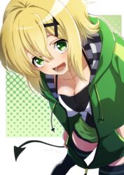  :d akatsuki_kirika asagi_nanase blonde_hair breasts cleavage collarbone demon_tail female green_eyes green_shorts hair_between_eyes hair_ornament hands_in_pockets highres hood hood_down hooded_jacket jacket long_hair medium_breasts open_clothes open_jacket open_mouth orange_jacket senki_zesshou_symphogear shirt short_shorts shorts smile solo tail thighhighs x_hair_ornament zettai_ryouiki 