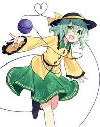  blush bow collared_shirt commentary eyeball eyebrows_hidden_by_hair female floral_print frilled_shirt_collar frilled_sleeves frills green_eyes green_hair green_skirt hat hat_bow hat_ribbon heart heart_of_string kaminokefusa komeiji_koishi long_sleeves looking_at_viewer open_hands open_mouth outstretched_arms protected_link ribbon shirt shoes skirt solo standing standing_on_one_leg string third_eye touhou wavy_hair white_background wide_sleeves yellow_bow yellow_ribbon yellow_shirt 