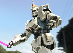  atsajh beam_saber gundam gundam_08th_ms_team gundam_ez8 highres holding holding_sword holding_weapon looking_ahead mecha motion_blur no_humans open_hand radio_antenna red_eyes robot solo sword weapon 