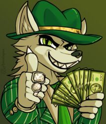  absurd_res anthro astralupus canid canine canis claws clothing fedora fur furgonomics gangster gangster_spongebob gesture green_clothing green_eyes grin hair hand_gesture hat headgear headwear hi_res inner_ear_fluff jewelry long_hair male mammal meme money necktie reaction_image ring sharp_teeth simple_background smile solo suit tan_body tan_fur teeth thumbs_up tuft wolf 