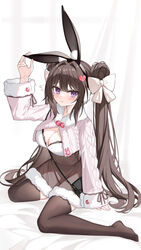  animal_ear_fluff animal_ears arm_up black_hairband blush bow breasts brown_hair brown_skirt brown_thighhighs chinese_commentary cleavage closed_mouth commentary_request cropped_jacket double_bun female flying_sweatdrops fur-trimmed_jacket fur-trimmed_skirt fur-trimmed_sleeves fur_trim hair_bun hair_intakes hair_ornament hairband hairbow hand_on_own_ear heart heart_hair_ornament high-waist_skirt highres jacket long_hair long_sleeves medium_breasts original purple_eyes rabbit_ears sitting skirt sleeves_past_wrists solo tears thighhighs twintails very_long_hair wariza white_bow white_jacket yuxian_youka 