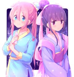  2girls alternate_costume alternate_hairstyle atu bad_id bad_pixiv_id blue_eyes blue_hair blue_kimono blue_pants border commentary_request cosplay eyes_visible_through_hair hagoromo hair_between_eyes hair_bun hair_ornament hair_ribbon hair_tie highres hikoboshi hikoboshi_(cosplay) holding holding_own_wrist japanese_clothes kagamihara_nadeshiko kimono light_blush light_particles long_hair long_sleeves looking_at_viewer multiple_girls night night_sky orihime_(tanabata) orihime_(tanabata)_(cosplay) outside_border own_hands_together pants pink_hair ponytail purple_eyes ribbon shawl shima_rin short_kimono short_yukata signature single_hair_bun sky smile standing tanabata white_border yukata yurucamp 