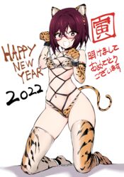  2022 :d absurdres akeome animal_ears animal_hands animal_print bikini black_eyes bob_cut bondage bondage bondage bound breasts bright_pupils brown_hair chinese_zodiac commentary cuffs elbow_gloves english_text fake_animal_ears fake_tail female gloves happy_new_year highres kinbakuman kneeling m-chan_(kinbakuman) navel new_year orange_bikini orange_thighhighs original paw_gloves paw_pose print_bikini print_gloves print_thighhighs shackles short_hair simple_background small_breasts smile solo swimsuit tail thighhighs tiger_ears tiger_print tiger_tail translated white_background white_mouth white_pupils year_of_the_tiger 