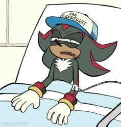  2018 5_fingers anthro bed biped black_body black_fur blue_clothing blue_hat blue_headwear cartoon_network clothing digital_media_(artwork) english_text eulipotyphlan fingers fur furniture gloves handwear hat headgear headwear hedgehog hospital hospital_bed inside iv_line jadegullyzone lying male mammal narrowed_eyes on_back open_mouth red_body red_eyes red_fur regular_show sega shadow_the_hedgehog solo sonic_the_hedgehog_(series) text text_on_clothing text_on_hat text_on_headwear watermark white_body white_clothing white_fur white_gloves white_handwear white_hat white_headwear 