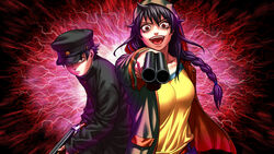  1boy black_hair braid braided_ponytail breasts brown_eyes buttons closed_mouth female gakuran gakuseibou game_cg gun hair_tie hat holding holding_gun holding_weapon hood hood_up hooded_jacket jacket kagelow kamoshida_chikamochi long_hair long_sleeves looking_at_viewer military_hat official_art open_clothes open_jacket open_mouth raging_loop red_eyes school_uniform serizawa_chiemi short_hair single_braid spoilers teeth third-party_source tongue upper_body upper_teeth_only weapon 