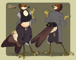  2019 4_toes 5_fingers accipitrid accipitriform anisodactyl anthro avian beak big_breasts bird bombird breasts brown_body brown_feathers character_name claws clothed clothing color_swatch curvy_figure digital_media_(artwork) feathers feet female finger_claws fingers fluffy hi_res hybrid kessie_(bombird) kite_(bird) looking_at_viewer looking_back looking_back_at_viewer midriff model_sheet non-mammal_breasts open_beak open_mouth open_smile orange_eyes red_kite scales simple_background slightly_chubby smile solo tail tail_feathers talons thick_thighs toe_claws toes true_hawk voluptuous wide_hips 