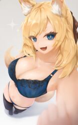  :d animal_ear_fluff animal_ears arknights arm_behind_back arm_up bare_arms bare_shoulders black_thighhighs blonde_hair blue_bra blue_eyes blurry blurry_foreground bra breasts cleavage collarbone commentary eyebrows_hidden_by_hair eyelashes eyes_visible_through_hair female floral_print forehead from_above full_body hair_ornament hair_over_shoulder highres horse_ears horse_girl horse_tail lace-trimmed_bra lace_trim looking_at_viewer navel no_shoes o-ring oerba_yun_fang open_mouth parted_bangs shadow sidelocks simple_background skin_fang smile solo sparkle standing tail terebi- thighhighs underwear v-shaped_eyebrows whislash_(arknights) 