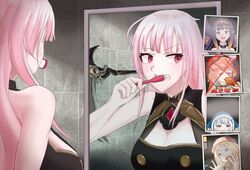  5girls bathroom black_dress blonde_hair blue_hair blunt_bangs breasts brushing_teeth chicken_(food) chicken_wing cleavage closed_eyes cocaine commentary detective dr.k_(anonym) dress drugs eating english_commentary food gawr_gura gawr_gura_(1st_costume) gem hair_ornament hat holding holding_toothbrush hololive hololive_english holomyth hood hoodie large_breasts long_hair mirror mori_calliope mori_calliope_(1st_costume) multiple_girls ninomae_ina&#039;nis ninomae_ina&#039;nis_(1st_costume) no_mole open_mouth parody photo_(object) pink_eyes pink_hair purple_hair scythe takanashi_kiara takanashi_kiara_(1st_costume) team_fortress_2 teeth tentacle toothbrush virtual_youtuber watson_amelia watson_amelia_(1st_costume) 