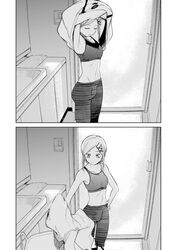  breasts closed_eyes collarbone female greyscale hair_behind_ear highres looking_down makise_maki midriff monochrome official_art sadamatsu_ryuuichi short_hair shorts small_breasts sports_bra sweater uchuu_ken&#039;etsu-kan undressing 