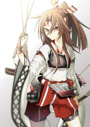  akane_harurou apron arrow_(projectile) blurry bow_(weapon) brown_eyes brown_gloves brown_hair closed_mouth collarbone commentary_request depth_of_field female flight_deck gloves grey_background hachimaki hair_between_eyes hakama hakama_shorts headband high_ponytail highres holding holding_arrow holding_bow_(weapon) holding_weapon japanese_clothes kantai_collection light_brown_hair long_hair looking_at_viewer machinery muneate partially_fingerless_gloves ponytail quiver rigging shorts single_glove smile solo standing weapon wide_sleeves yugake zuihou_(kancolle) 