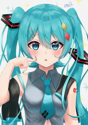  :o absurdres aqua_eyes aqua_hair arm_up blue_eyes blue_nails blue_necktie cheek_poking commentary detached_sleeves female grey_shirt hair_between_eyes hair_ornament hairclip hatsune_miku highres long_hair looking_at_viewer nail_polish necktie open_mouth poking poking_self shirt simple_background sleeveless sleeveless_shirt solo tatyaoekaki twintails unworn_sleeves upper_body very_long_hair vocaloid 