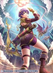  armor arrow_(projectile) bernadetta_von_varley bike_shorts boots bow_(weapon) closed_mouth commentary_request company_name copyright_name dragon dress earrings female fire_emblem fire_emblem:_three_houses fire_emblem_cipher from_behind fumi_(butakotai) gloves grey_eyes hair_ornament holding holding_bow_(weapon) holding_weapon jewelry knee_boots long_sleeves looking_back official_art purple_hair quiver short_dress sky solo_focus thigh_strap weapon wyvern yellow_gloves 