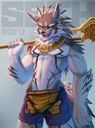  abs absurd_res anthro black_sclera bottomwear brown_body brown_fur canid canine canis clothing countershading fangs fur green_eyes halberd hi_res jackal jewelry lifewonders looking_away male mammal melee_weapon muscular muscular_anthro muscular_male open_mouth open_smile polearm rofu_kagazaki seth_(tas) shorts smile solo standing swimwear teeth tokyo_afterschool_summoners weapon weapon_on_shoulder white_body white_fur 