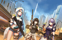  animal anthro aqua_hair bird breasts brown_eyes brown_hair building city desert girls_frontline gray_eyes gray_hair green_eyes gun long_hair m249_saw_(girls_frontline) m4a1_(girls_frontline) ndtwofives ponytail robot shorts signed sky steyr_scout_(girls_frontline) tail uniform weapon 