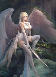  angel angel_wings blonde_hair breasts collar commentary dress english_commentary feathered_wings female highres holding holding_sword holding_weapon large_breasts lips long_hair original photoshop_(medium) sitting solo sword thighhighs very_long_hair water weapon white_thighhighs wings yueyue 