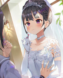  :3 applying_makeup blush braid bridal_veil brown_hair choker closed_mouth commentary_request cosmetics diadem different_reflection dress dual_persona elbow_gloves eshi_100_nin_ten female fingernails gaou_(umaiyo_puyoman) gloves grey_sailor_collar grey_shirt hair_bun lipstick_tube long_sleeves original purple_eyes reflection sailor_collar school_uniform serafuku shirt single_hair_bun smile solo sparkle upper_body veil wedding_dress white_choker white_dress white_gloves 