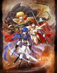  3boys ares_(fire_emblem) armor blonde_hair blue_eyes blue_hair boots brown_eyes brown_hair cape copyright_name fire_emblem fire_emblem:_genealogy_of_the_holy_war gloves headband highres holding holding_sword holding_weapon leif_(fire_emblem) light_brand long_hair male_focus multiple_boys mystletainn parchment polearm ponytail red-50869 seliph_(fire_emblem) sheath short_hair smile spear standing sword tyrfing_(fire_emblem) weapon 