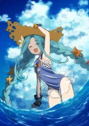  :d arm_up armpits blue_hair blue_one-piece_swimsuit braid brown_hat casual_one-piece_swimsuit closed_eyes cloud commentary_request day female flat_chest floating_hair granblue_fantasy hand_on_headwear hat leaning_forward long_hair lyria_(daughter_of_pearl)_(granblue_fantasy) lyria_(granblue_fantasy) mifuta ocean official_alternate_costume one-piece_swimsuit open_mouth outdoors see-through smile solo straw_hat sun_hat swimsuit twin_braids twintails very_long_hair wrist_cuffs 