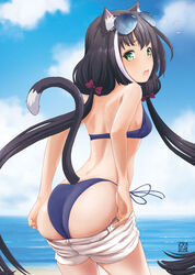  absurdres animal_ear_fluff animal_ears ass bikini black_hair blue-tinted_eyewear blue_bikini blue_sky bow breasts cat_ears cat_girl cat_tail clothes_pull cloud cowboy_shot day eyewear_on_head female floating_hair from_behind green_eyes hairbow highres karyl_(princess_connect!) karyl_(summer)_(princess_connect!) long_hair looking_at_viewer looking_back low_twintails multicolored_hair ocean oerba_yun_fang open_mouth outdoors princess_connect! qurm_(enpitsu) red_bow shorts shorts_pull side-tie_bikini_bottom sky small_breasts solo standing streaked_hair sunglasses swimsuit tail tinted_eyewear twintails undressing very_long_hair white_hair white_shorts 