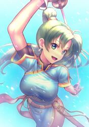  bad_id bad_pixiv_id blue_dress breasts dress earrings female fingerless_gloves fire_emblem fire_emblem:_the_blazing_blade fukadumeasadume gloves green_eyes green_hair highres jewelry katana large_breasts long_hair looking_at_viewer lyn_(fire_emblem) ponytail rope_belt sheath smile sword thighs weapon 