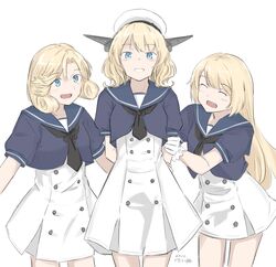  3girls beret blonde_hair blue_eyes closed_eyes colorado_(kancolle) cosplay hat headgear hikashima_(shiofune) janus_(kancolle) jervis_(kancolle) jervis_(kancolle)_(cosplay) kantai_collection long_hair look-alike medium_hair multiple_girls open_mouth puffy_short_sleeves puffy_sleeves short_sleeves sidelocks smile very_long_hair 