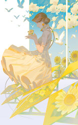  :o bird blue_sky brown_hair cloud commentary dappled_sunlight diamond_earrings dress earrings english_commentary feet_out_of_frame female flower highres holding holding_flower itoucon jewelry leaf open_mouth original outdoors ponytail profile railing short_hair simple_background sky sleeveless sleeveless_dress solo sunflower sunlight surprised white_background yellow_dress 