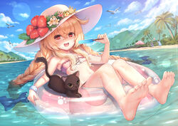  3girls :d afloat bad_facebook_id bad_id ball bare_arms bare_legs barefoot beach beach_umbrella beachball bikini bird black_cat blonde_hair bow braid cloud commentary_request day dutch_angle feet feline flat_chest flower food foot_focus foreshortening frilled_bikini frills full_body hair_between_eyes hairbow hand_up hat hat_flower hibiscus highres holding holding_food innertube legs lens_flare little_witch_nobeta long_hair looking_at_viewer lying monica_(little_witch_nobeta) mountain multiple_girls navel nobeta ocean official_alternate_costume official_art on_back open_mouth outdoors palm_tree paw_print phyllis_(cat)_(little_witch_nobeta) phyllis_(little_witch_nobeta) pink_bikini pink_innertube pink_umbrella popsicle print_innertube red_eyes red_flower scrunchie seagull sidelocks sky smile soles solo_focus sun_hat sunlight swim_ring swimsuit tama_yu tania_(little_witch_nobeta) toes tree twin_braids umbrella very_long_hair volleyball_net water wet white_headwear wrist_scrunchie 