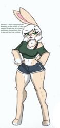  anthro big_breasts breasts clothing crop_top dolphin_shorts english_text fan_character female hi_res june_(disambiguation) lagomorph leporid mammal pace-maker rabbit shirt small_waist solo text thick_thighs topwear wide_hips 