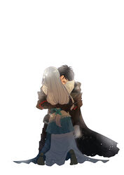  1boy armor babigonice black_cape braid cape clive_rosfield closed_eyes dirty dirty_face female final_fantasy final_fantasy_xvi highres hug jill_warrick kneeling long_hair low-tied_long_hair simple_background single_braid spoilers 