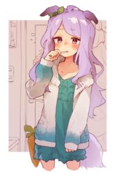  ahoge animal_ears blush border brushing_teeth carrot commentary_request cowboy_shot cropped_legs dress female green_dress horse_ears horse_girl horse_tail indoors long_hair mejiro_mcqueen_(umamusume) purple_eyes purple_hair rimukoro solo standing sweater tail umamusume white_border white_sweater 