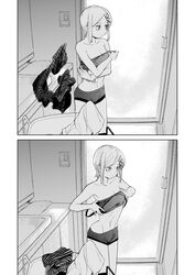  barefoot bent_over breasts closed_eyes collarbone female greyscale hair_behind_ear highres makise_maki midriff monochrome navel official_art sadamatsu_ryuuichi short_hair shorts small_breasts sports_bra sweater uchuu_ken&#039;etsu-kan undressing 