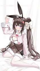  animal_ear_fluff animal_ears arm_up bed_sheet black_hairband blush bow breasts brown_hair brown_skirt chinese_commentary cleavage closed_mouth commentary_request cropped_jacket double_bun female flying_sweatdrops full_body fur-trimmed_jacket fur-trimmed_skirt fur-trimmed_sleeves fur_trim hair_bun hair_intakes hair_ornament hairband hairbow hand_on_own_ear heart heart_hair_ornament high-waist_skirt highres jacket long_hair long_sleeves medium_breasts original purple_eyes rabbit_ears sitting skirt sleeves_past_wrists solo tears thighhighs twintails very_long_hair wariza white_bow white_jacket white_thighhighs yuxian_youka 