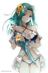  aqua_hair bare_shoulders bikini blue_eyes breasts cleavage closed_mouth closed_umbrella criss-cross_halter female fiora_(fire_emblem) fiora_(summer)_(fire_emblem) fire_emblem fire_emblem:_the_blazing_blade fire_emblem_heroes flower hair_flower hair_ornament halterneck holding holding_umbrella long_hair shirokuroma_29 simple_background solo swimsuit twitter_username umbrella white_background 