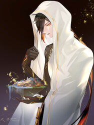  1boy alternate_costume architecture arm_tattoo bare_shoulders black_background brown_hair cloak coat commentary_request east_asian_architecture floating_island from_side genshin_impact gradient_hair hair_between_eyes highres hood hood_up hooded_cloak light_particles long_hair male_focus multicolored_hair official_alternate_costume open_mouth orange_hair ponytail rokuon simple_background sleeveless solo tattoo white_cloak white_coat yellow_eyes zhongli_(archon)_(genshin_impact) zhongli_(genshin_impact) 