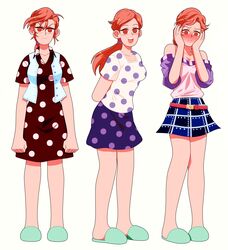  absurdres blush brown_eyes brown_hair diamond_wa_kudakenai dress female highres jojo_no_kimyou_na_bouken kawajiri_shinobu multiple_views polka_dot ponytail reference_sheet slippers tariah_furlow vest waving 