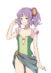  blue_eyes breasts casual_one-piece_swimsuit cleavage closed_mouth collarbone commentary_request cowboy_shot female flower granblue_fantasy green_one-piece_swimsuit hair_flower hair_ornament lennah long_hair mifuta one-piece_swimsuit purple_hair sarong simple_background small_breasts smile solo standing swimsuit white_background 