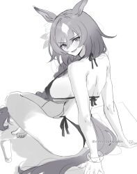  animal_ears arm_support ass barefoot blush bottle bracelet breasts commentary_request female from_behind greyscale highres horse_ears horse_girl horse_tail indian_style jewelry large_breasts long_hair looking_at_viewer looking_back mmm_(mmm623) monochrome simple_background sirius_symboli_(umamusume) sitting smile solo tail toes twitter_username umamusume white_background 