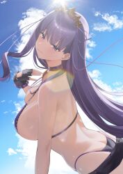  absurdres bb_(fate) bb_(swimsuit_mooncancer)_(fate) bb_(swimsuit_mooncancer)_(second_ascension)_(fate) bikini black_gloves blue_sky breasts cloud fate/grand_order fate_(series) female fingerless_gloves from_side gloves hair_ornament highres kurozawa_yui large_breasts long_hair looking_at_viewer outdoors purple_bikini purple_eyes purple_hair sideboob sky solo star_(symbol) star_hair_ornament swimsuit wet 